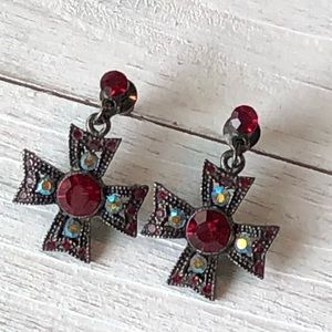 Coptic Cross Style Red Rhinestone Earrings